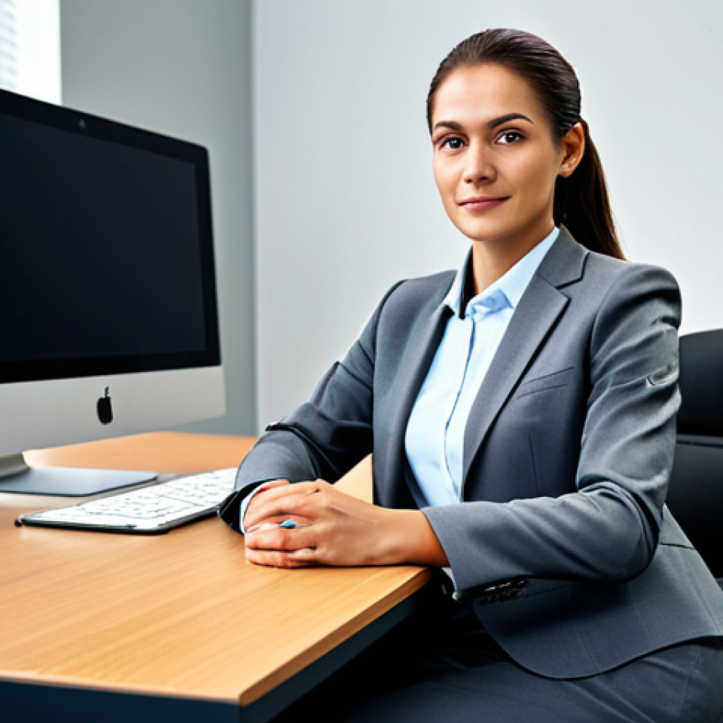** A professional businesswoman in a modest business suit, sitting at a desk in a modern office, fully clothed, appropriate attire, safe for work, perfect anatomy, natural proportions, professional photography, high quality.

**