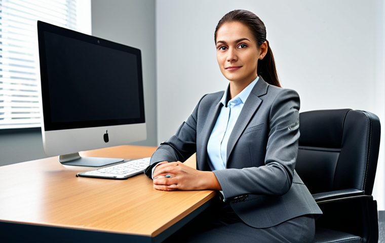 ** A professional businesswoman in a modest business suit, sitting at a desk in a modern office, fully clothed, appropriate attire, safe for work, perfect anatomy, natural proportions, professional photography, high quality.
**