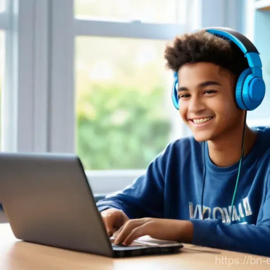 교육공학과 Microsoft Teams 교육 - **Prompt:** A young, enthusiastic student, approximately 16 years old, sits comfortably at a modern ...