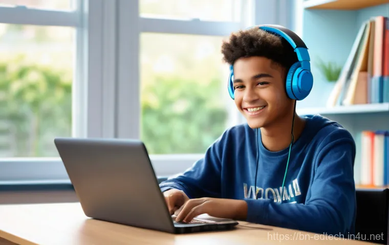 교육공학과 Microsoft Teams 교육 - **Prompt:** A young, enthusiastic student, approximately 16 years old, sits comfortably at a modern ...