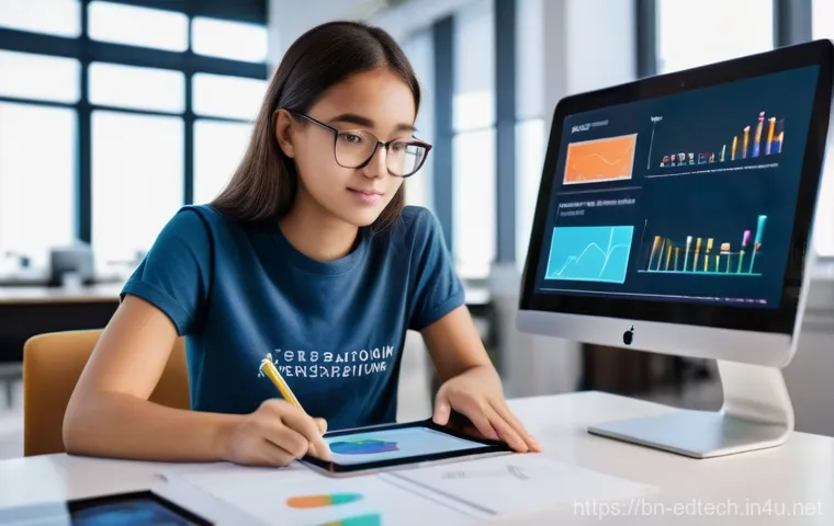 교육공학과 게이미피케이션 - **AI and Personalized Learning:**
A vibrant, medium shot of a focused 15-year-old female student...