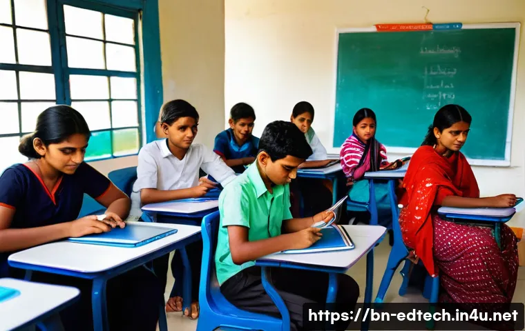 교육공학과 학습 공간 혁신 - A modern classroom scene in Bangladesh featuring Bengali students actively engaged with digital lear...