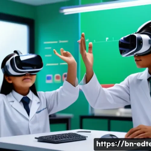 Home 33 교육공학과 VR 기반 학습 콘텐츠 - A vibrant virtual reality classroom scene showing Bengali students wearing VR headsets and engaging ...