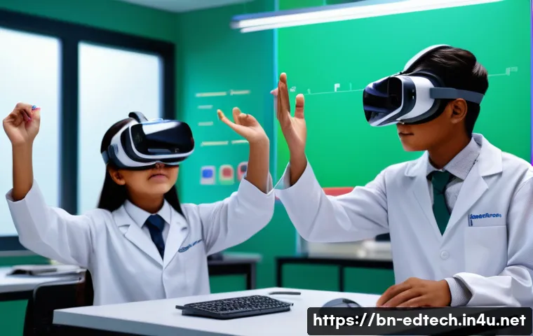 교육공학과 VR 기반 학습 콘텐츠 - A vibrant virtual reality classroom scene showing Bengali students wearing VR headsets and engaging ...