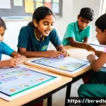 Home 20 교육공학과 STEAM 교육 - A vibrant classroom scene in a modern Bangladeshi school where diverse Bengali students, wearing col...