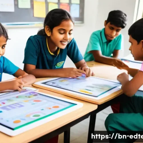 Home 32 교육공학과 STEAM 교육 - A vibrant classroom scene in a modern Bangladeshi school where diverse Bengali students, wearing col...