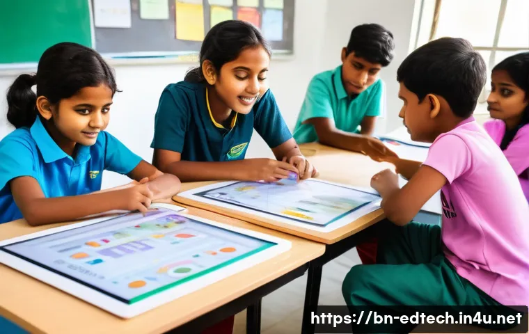 교육공학과 STEAM 교육 - A vibrant classroom scene in a modern Bangladeshi school where diverse Bengali students, wearing col...