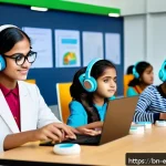 Home 19 교육공학과 스마트 캠퍼스 - A vibrant digital classroom scene in a modern smart campus setting, featuring diverse Bengali studen...