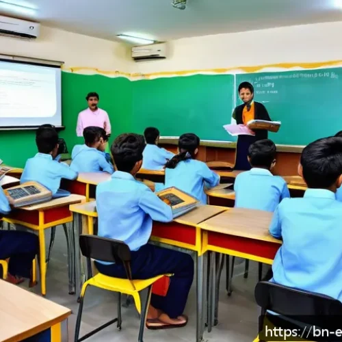 Home 30 교육공학과 미래 교육 기술 - A vibrant classroom scene featuring Bengali students actively engaged with interactive learning plat...