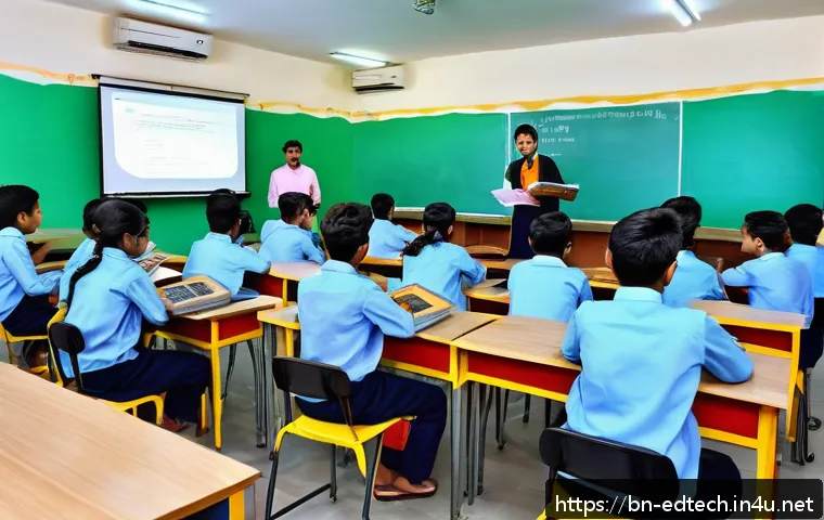 교육공학과 미래 교육 기술 - A vibrant classroom scene featuring Bengali students actively engaged with interactive learning plat...