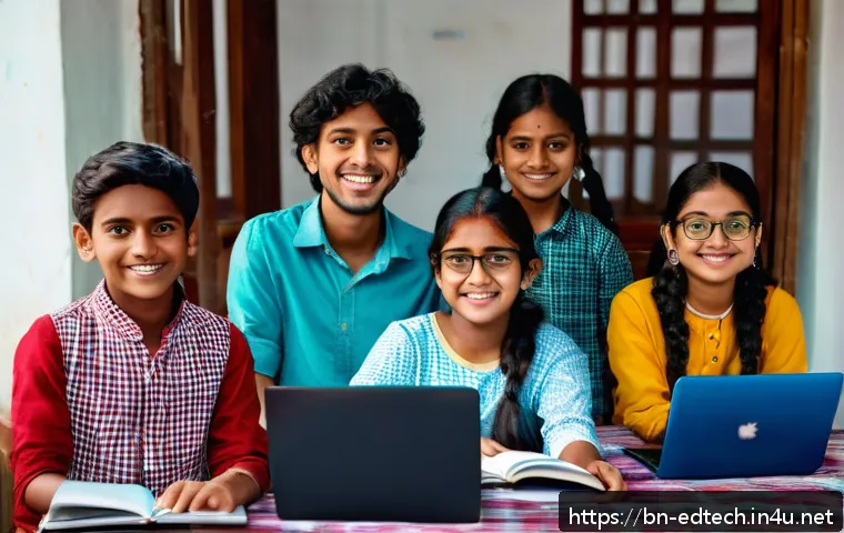 교육공학과 교육 정책 연구 - A diverse group of Bengali students of various ages engaging in an online learning session at home, ...