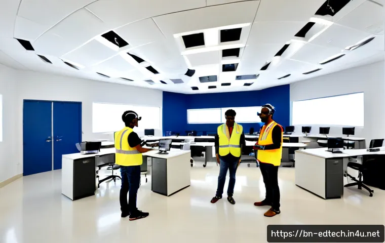 교육공학과 VR 실험실 구축 - Photorealistic university educational technology VR laboratory under construction, diverse South Asi...