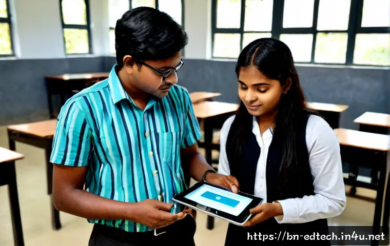 교육공학과 블록체인 기반 교육 인증 - Photorealistic university education technology lab in Bangladesh, a Bengali female student and male ...